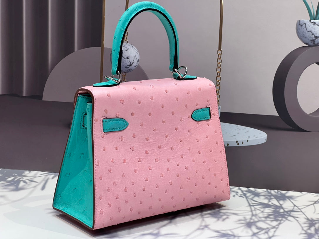 KELLY BAG 20 IN FLAMINGO PINK MIX CYAN BLUE OSTRICH LEATHER WITH SILVER HARDWARE (MADE-TO-ODER)