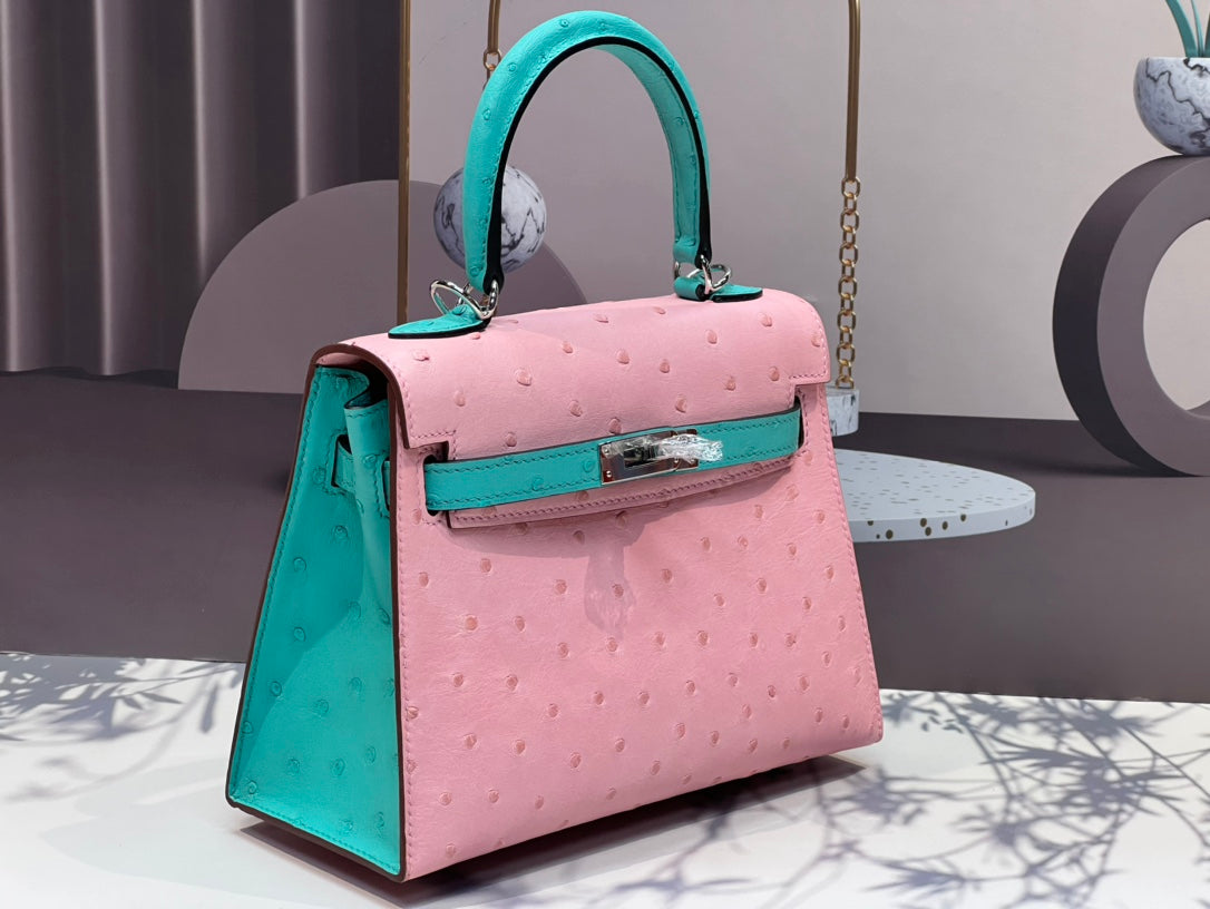 KELLY BAG 20 IN FLAMINGO PINK MIX CYAN BLUE OSTRICH LEATHER WITH SILVER HARDWARE (MADE-TO-ODER)