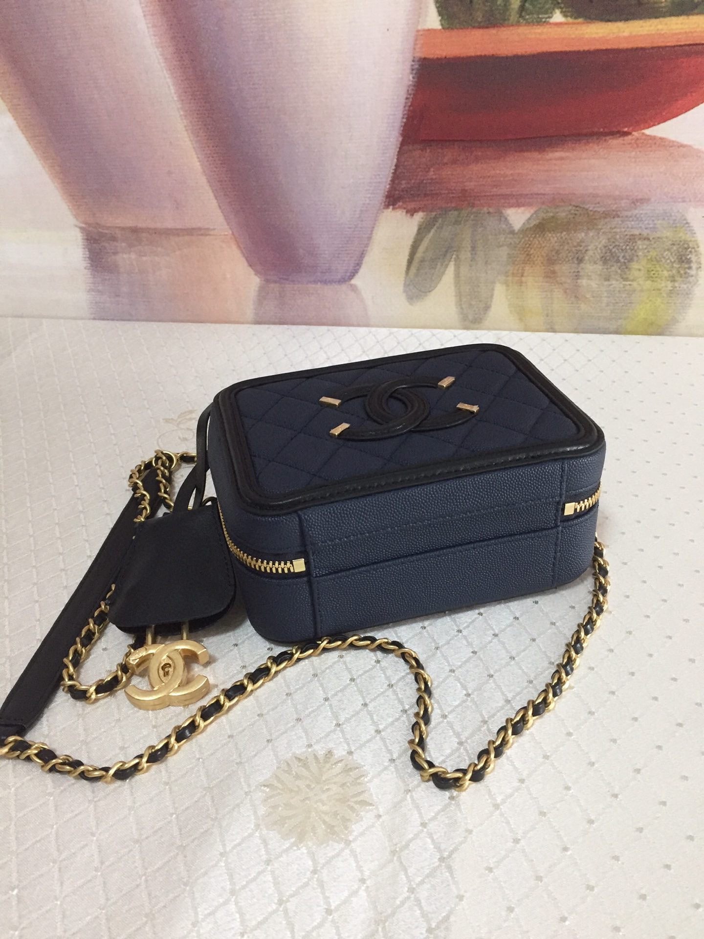 CC MINI 17 VANITY CASE IN AEGEAN BLUE MIX BLACK CALFSKIN GOLD HARDWARE