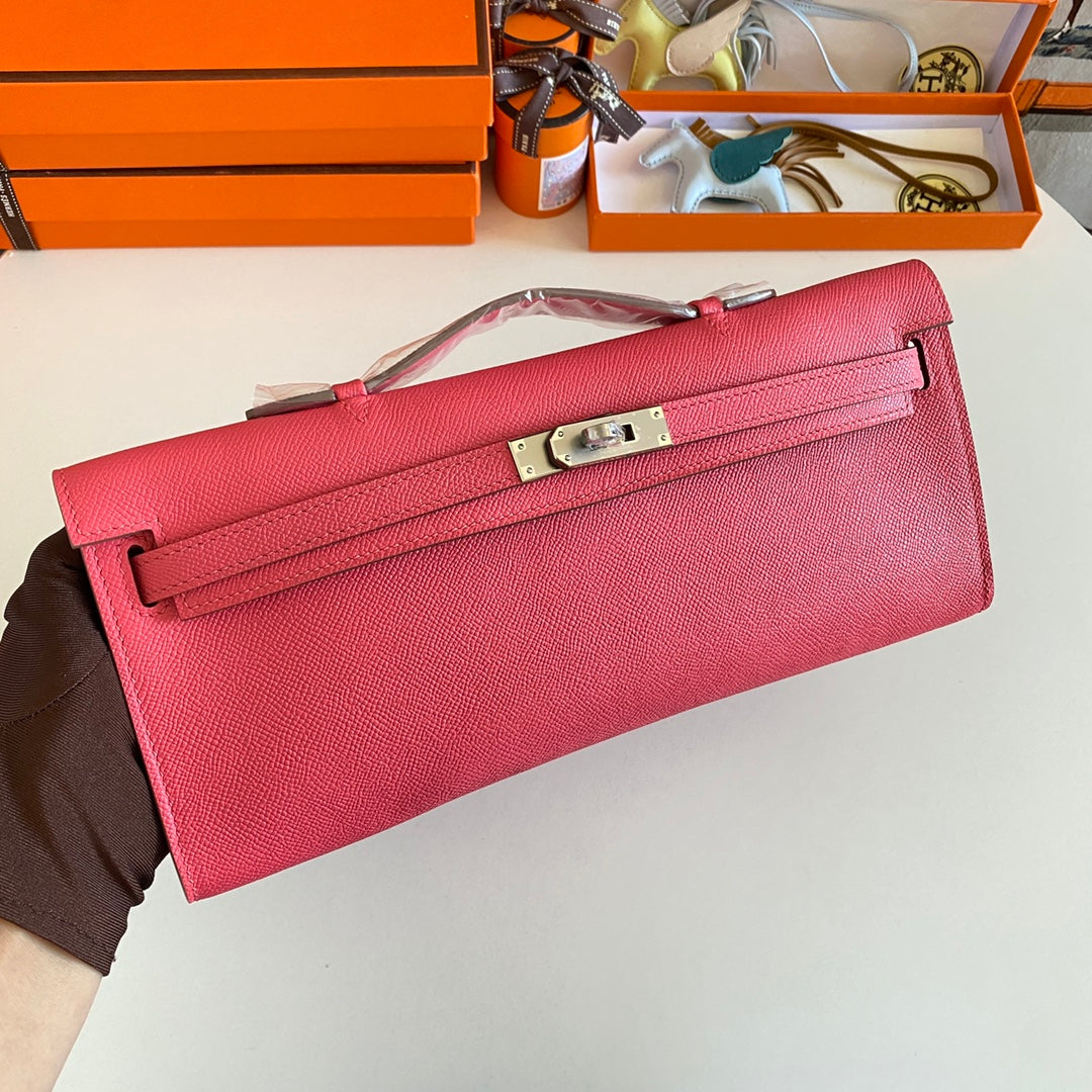 KELLY CUT 31 IN WATERMELON PINK CALFSKIN WITH SILVER HARDWARE