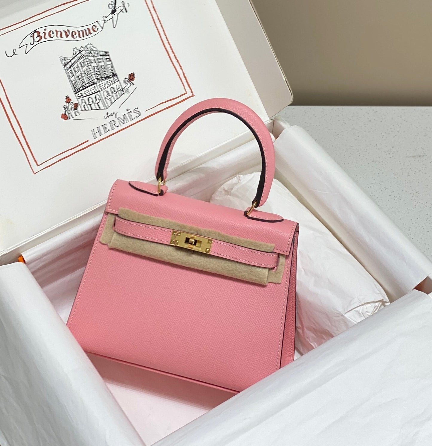 KELLY MINI 20 BAG IN ROUGE PINK CALFSKIN WITH GOLD HARDWARE (MADE-TO-ODER)