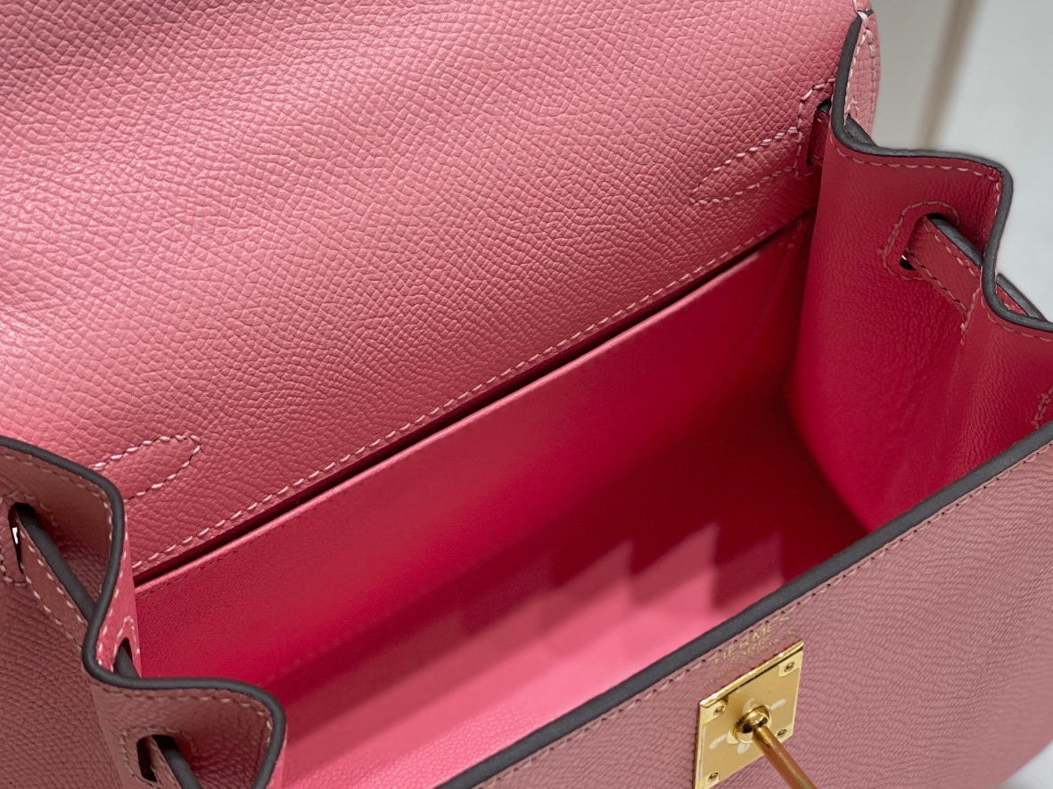 KELLY MINI 20 BAG IN ROUGE PINK CALFSKIN WITH GOLD HARDWARE (MADE-TO-ODER)