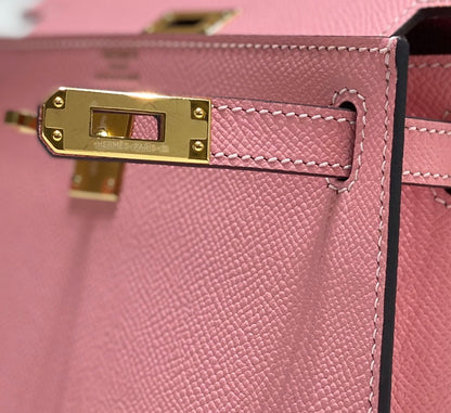 KELLY MINI 20 BAG IN ROUGE PINK CALFSKIN WITH GOLD HARDWARE (MADE-TO-ODER)