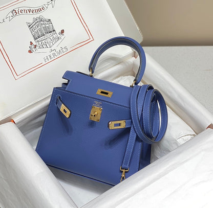 KELLY MINI 20 BAG IN AZURE BLUE CALFSKIN WITH GOLD HARDWARE (MADE-TO-ODER)