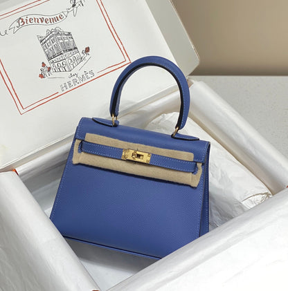 KELLY MINI 20 BAG IN AZURE BLUE CALFSKIN WITH GOLD HARDWARE (MADE-TO-ODER)