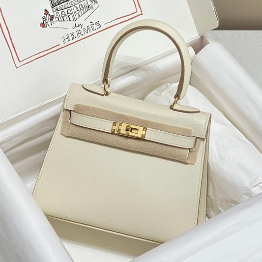 KELLY MINI 20 BAG IN WHITE CALFSKIN WITH GOLD HARDWARE (MADE-TO-ODER)
