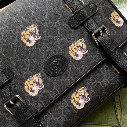 TIGER PRINT MESSENGER BAG 28 IN BLACK CANVAS AND LEATHER TRIM