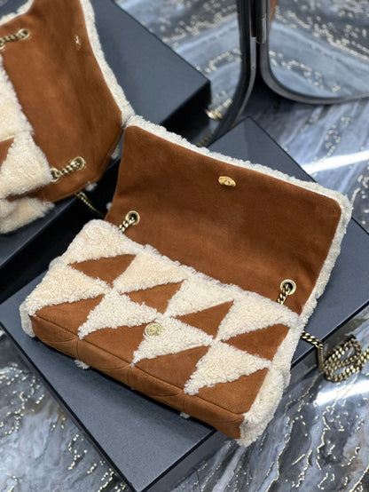 JAMIE BAG 25 IN BROWN SUEDE MIX BEIGE SHEARLING GOLD HARDWARE