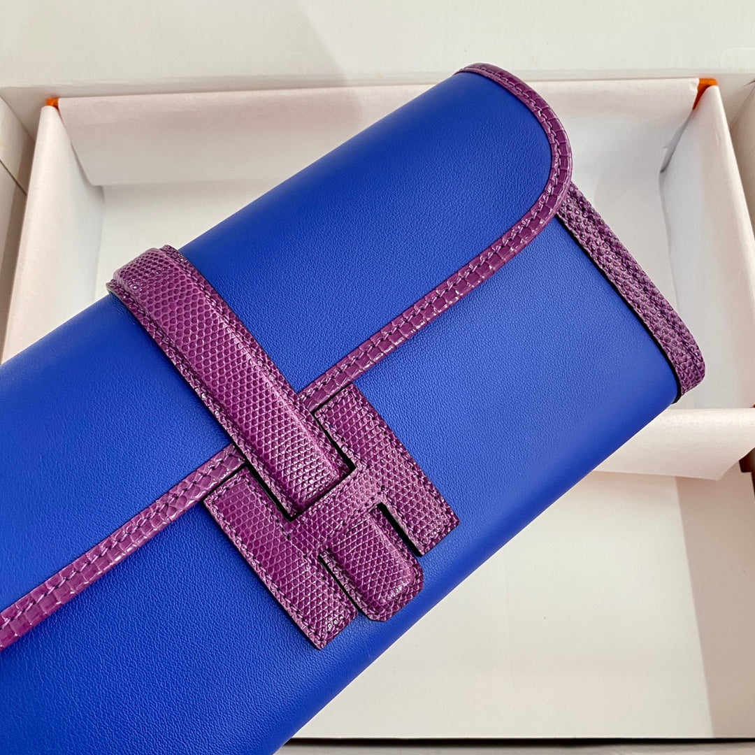 JIGE ELAN 29 CLUTCH IN COBALT BLUE CALFSKIN WITH VIOLET PURPLE LIZARD SKIN (MADE-TO-ODER)