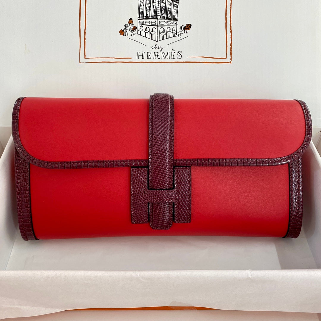 JIGE ELAN 29 CLUTCH IN CANDY RED CALFSKIN WITH WINE RED LIZARD SKIN (MADE-TO-ODER)