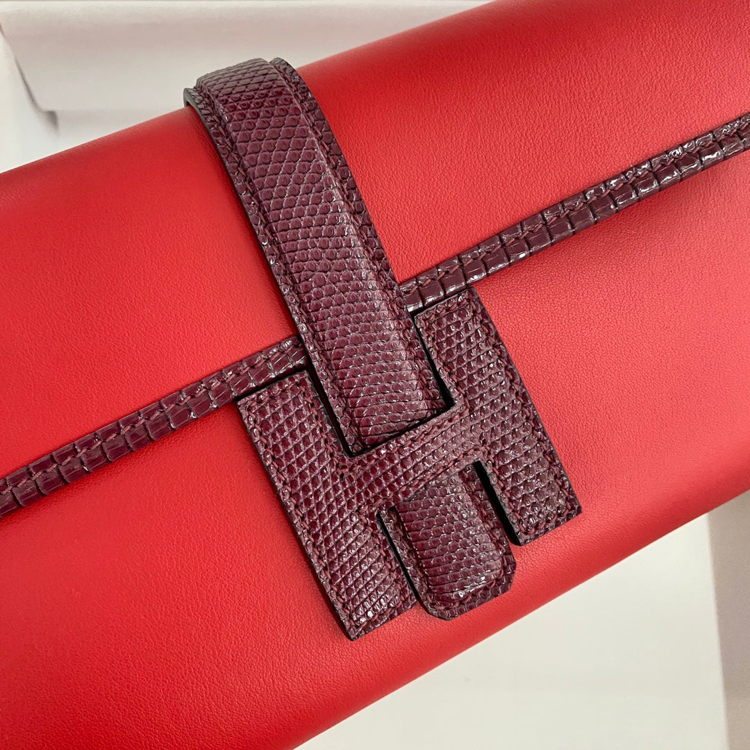 JIGE ELAN 29 CLUTCH IN CANDY RED CALFSKIN WITH WINE RED LIZARD SKIN (MADE-TO-ODER)