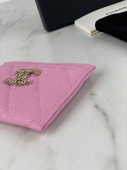 CC CARD HOLDER 19.5 PINK GRAINED CALFSKIN GOLD ICON