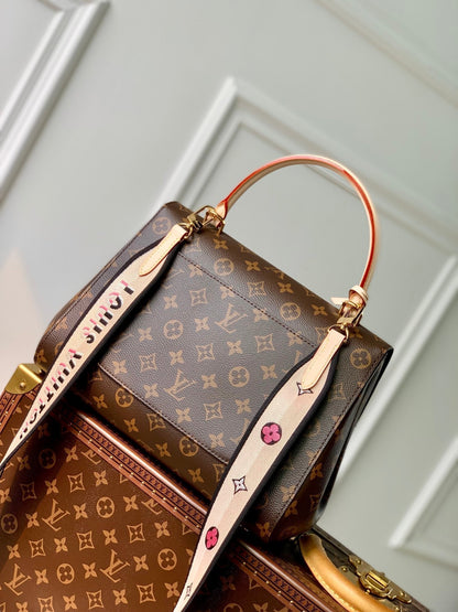 CLUNY MM HANDBAG 33 IN BROWN MONOGRAM CALFSKIN BEIGE BLACK EMBROIDERED LOGO CANVAS