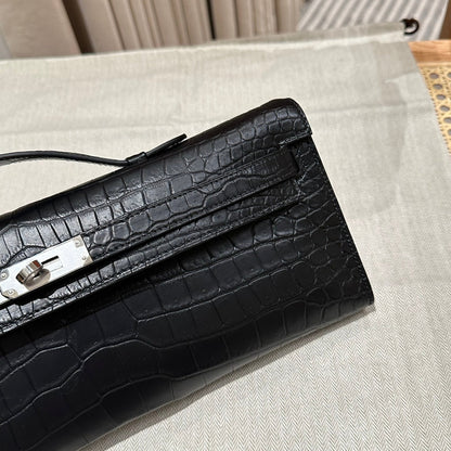 KELLY CUT 31 IN BLACK SHINY ALLIGATOR LEATHER WITH SILVER HARDWARE (MADE-TO-ODER)