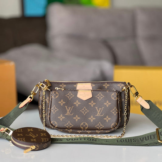 LV 25S MULTI POCHETTE ACCESSOIRES 25 IN BROWN MONOGRAM COATED CANVAS GREEN STRAP