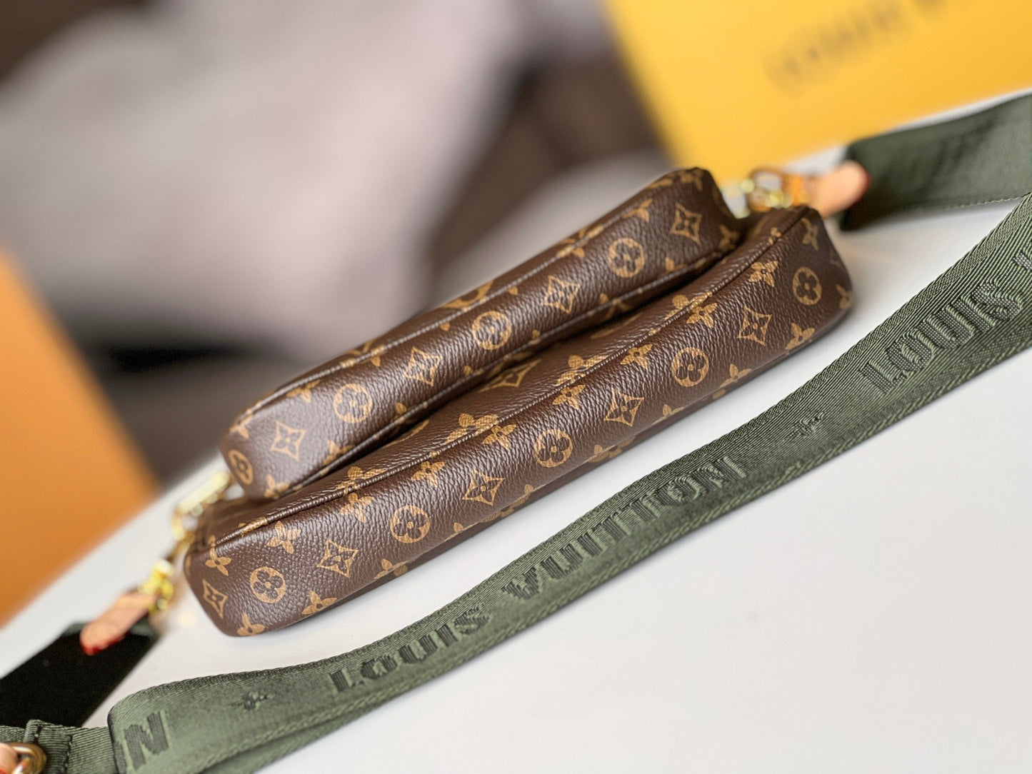 LV 25S MULTI POCHETTE ACCESSOIRES 25 IN BROWN MONOGRAM COATED CANVAS GREEN STRAP