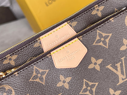 LV 25S MULTI POCHETTE ACCESSOIRES 25 IN BROWN MONOGRAM COATED CANVAS GREEN STRAP