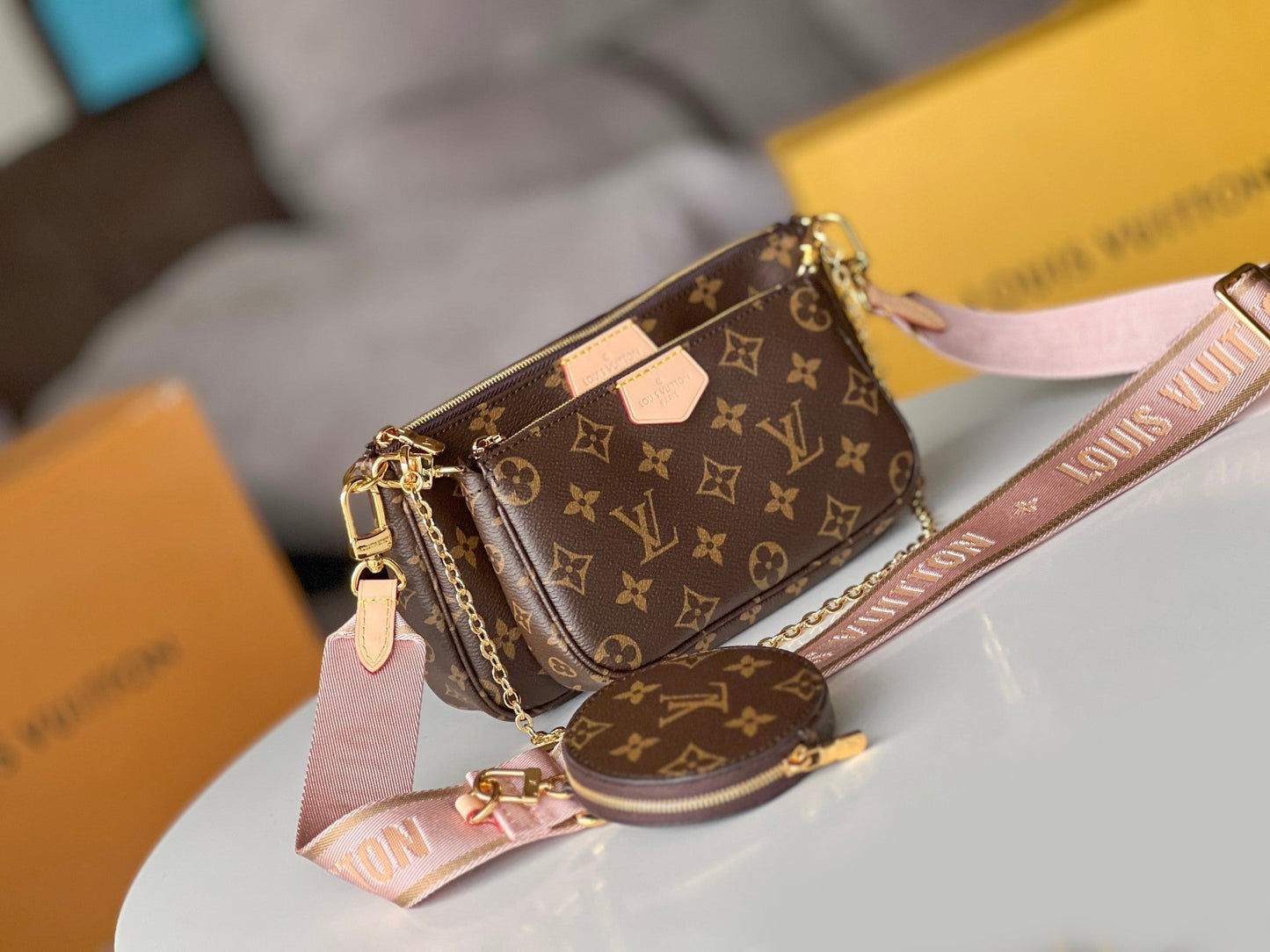 LV 25S MULTI POCHETTE ACCESSOIRES 25 IN BROWN MONOGRAM COATED CANVAS PINK STRAP