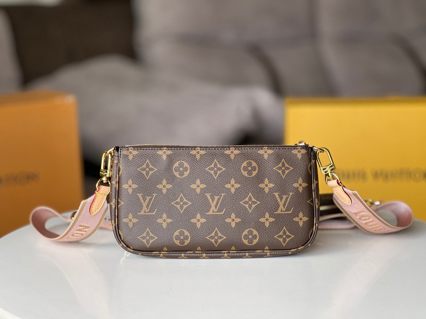 LV 25S MULTI POCHETTE ACCESSOIRES 25 IN BROWN MONOGRAM COATED CANVAS PINK STRAP