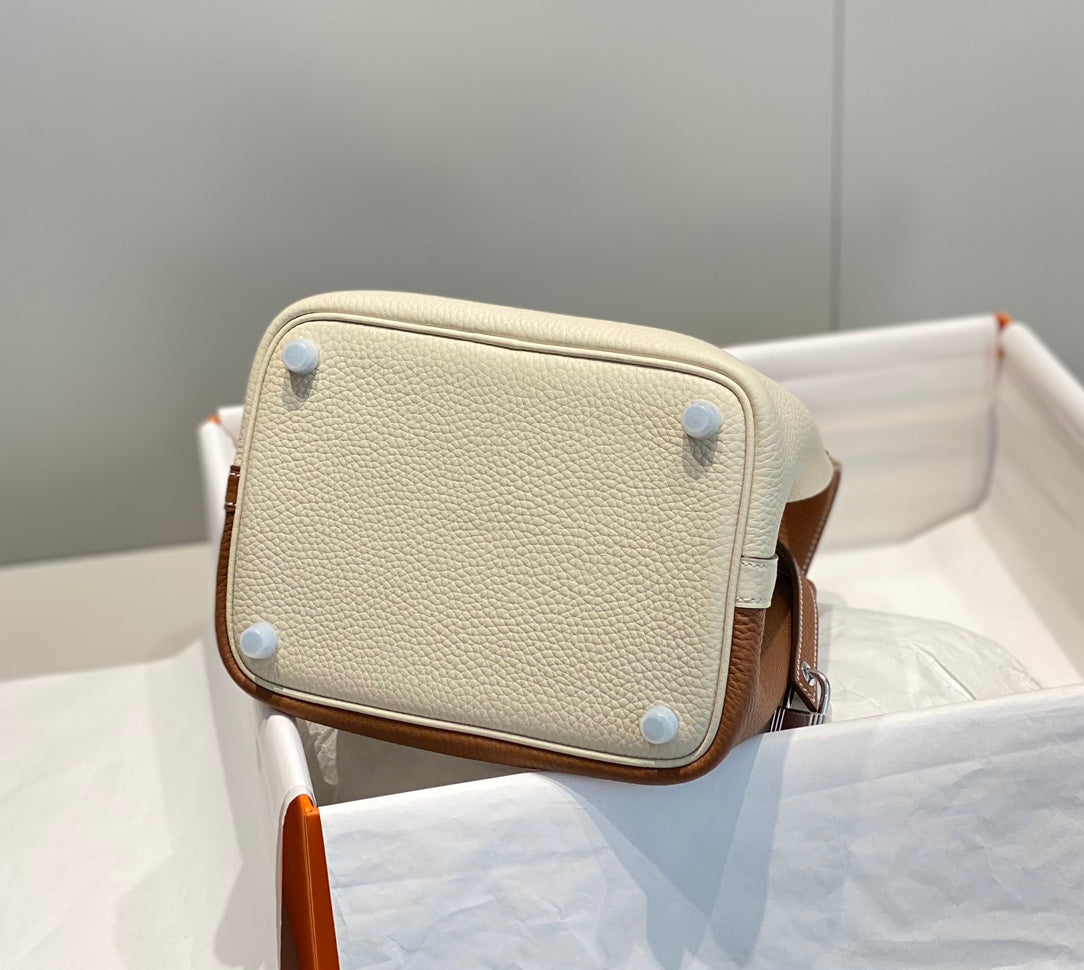 HERMES 25S PICOTIN LOCK 18 IN WHITE AND BROWN CALFSKIN SILVER HARDWARE