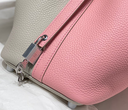 HERMES 25S PICOTIN LOCK 18 IN PINK AND LIGHT GRAY CALFSKIN SILVER HARDWARE