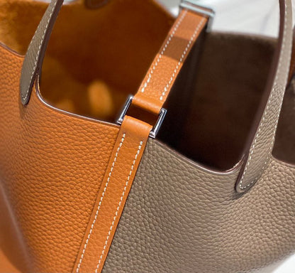 HERMES 25S PICOTIN LOCK 18 IN BROWN AND ORANGE COMBINATION CALFSKIN SILVER HARDWARE