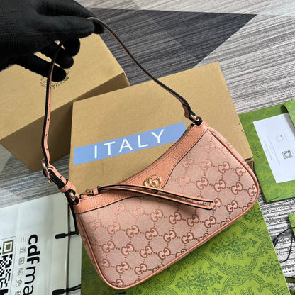 OPHIDIA GG SMALL 25 HANDBAG IN LIGHT PINK CANVAS AND CALFSKIN