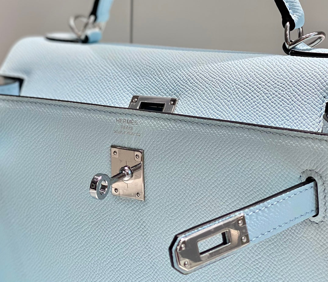 KELLY 25CM IN BLUE BRUME EPSOM CALFSKIN PALLADIUM HARDWARE