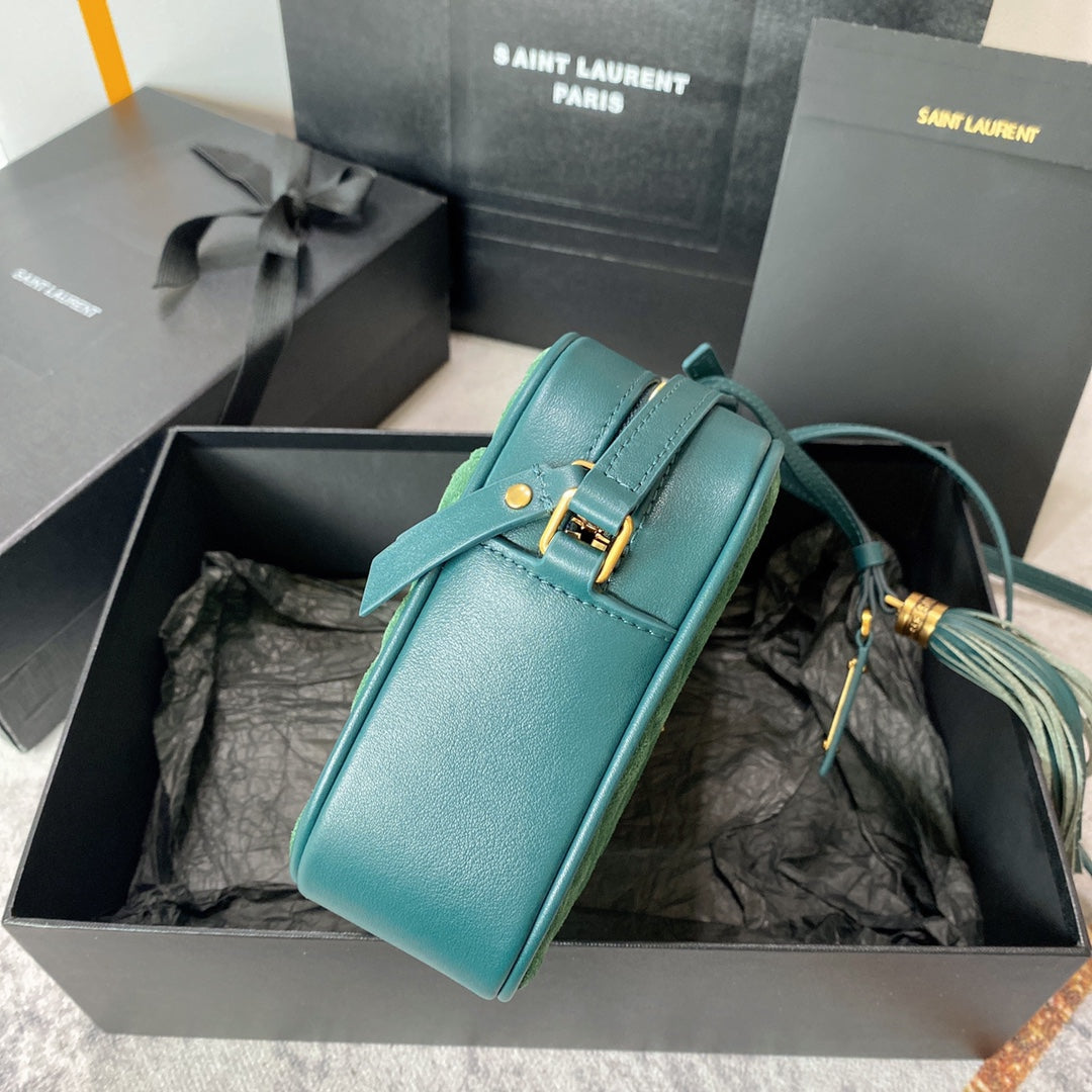 LOU CAMERA BAG 23 IN GREENISH SUEDE AND CALFSKIN TRIM