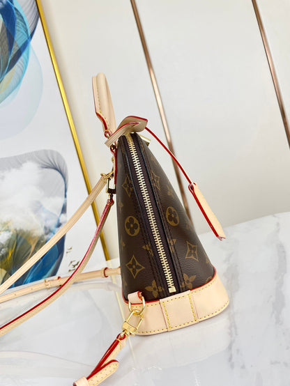 ALMA BACKPACK 20 IN BROWN MONOGRAM CANVAS AND BEIGE CALFSKIN TRIM GOLD BUCKLE