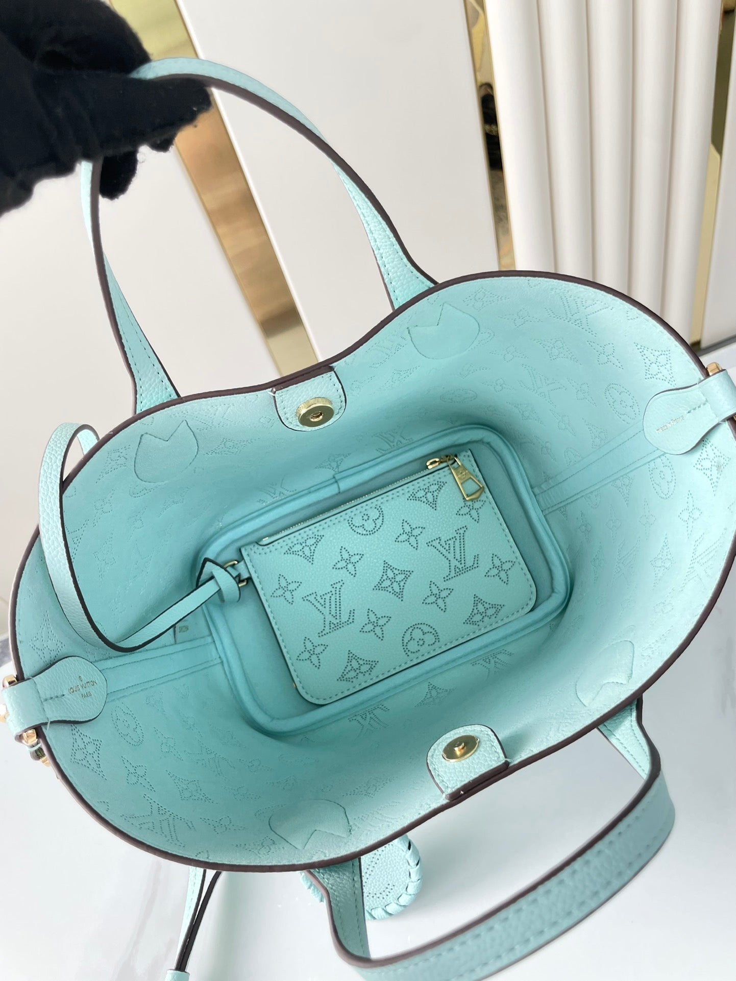 BLOSSOM PM 20 IN SKY BLUE MONOGRAM PERFORATED CALFSKIN