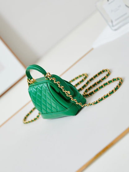 MINI TOP HANDLE BAG 13 IN GREEN OIL-WAX LAMBSKIN GOLD HARDWARE