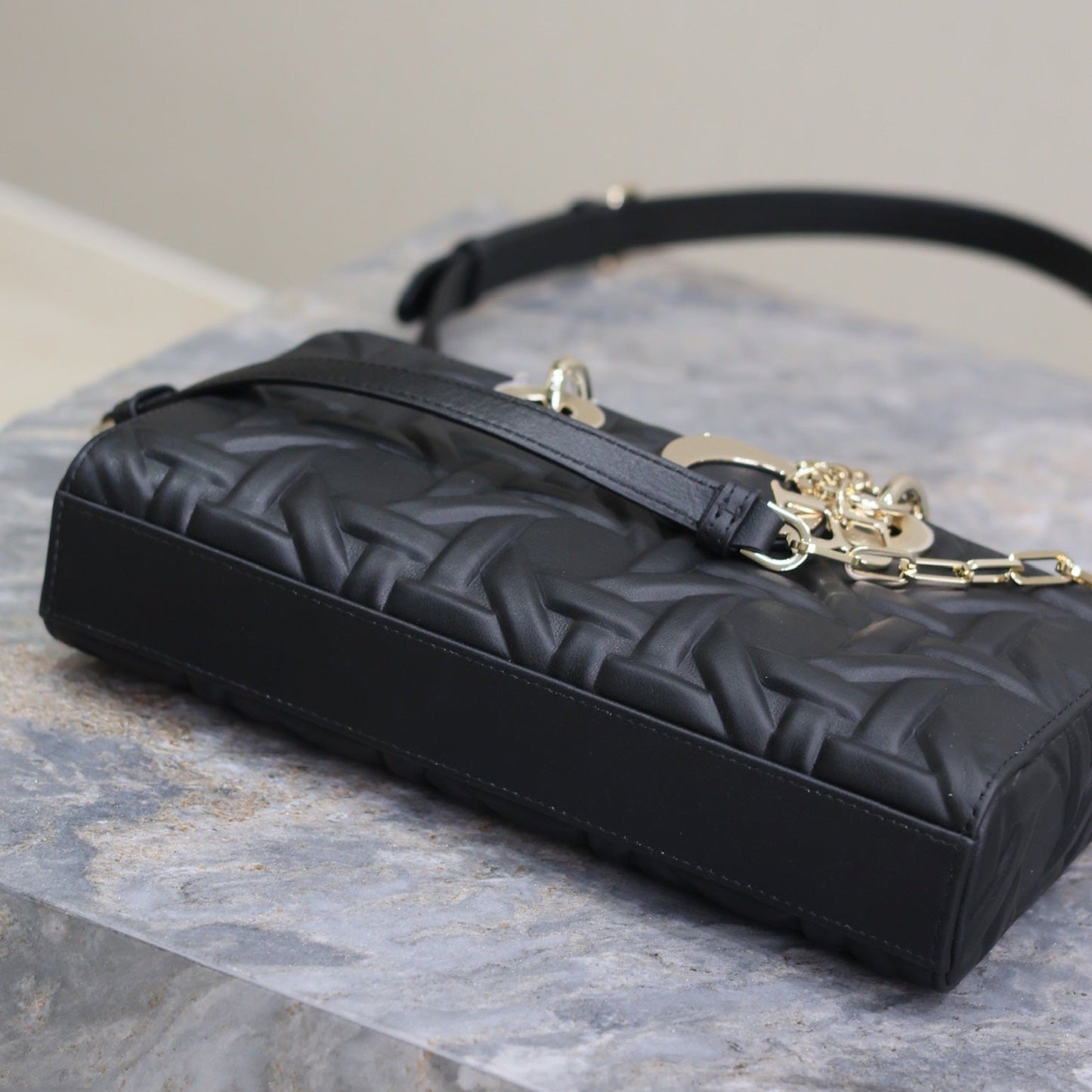 LADY D-JOY BAG 26 IN BLACK GRAPHIC CANNAGE CALFSKIN PALE GOLD-FINISH METAL CHARMS