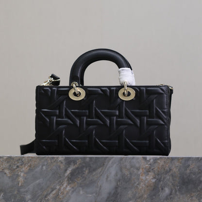 LADY D-JOY BAG 26 IN BLACK GRAPHIC CANNAGE CALFSKIN PALE GOLD-FINISH METAL CHARMS