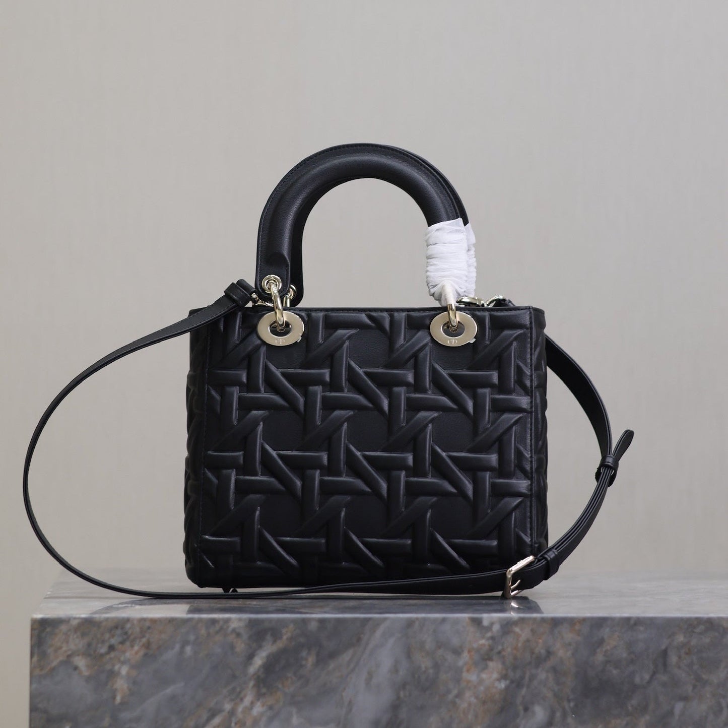 LADY BAG 24 IN BLACK GRAPHIC CANNAGE CALFSKIN PALE GOLD-FINISH METAL CHARMS