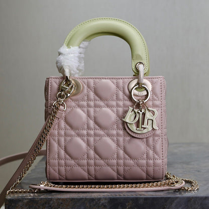 MINI LADY BAG 17 IN BABY PINK QUILTED MACROCANNAGE CALFSKIN SWAMP YELLOW STRAP