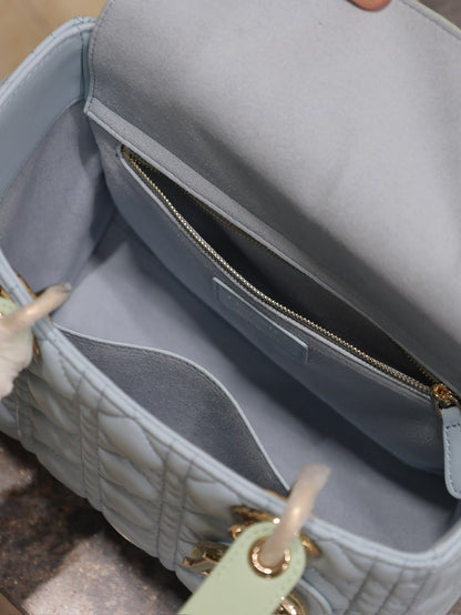 LADY BAG 24 IN BABY BLUE QUILTED MACROCANNAGE CALFSKIN GREEN STRAP