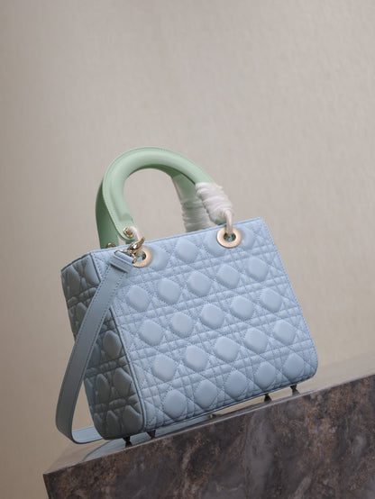 LADY BAG 24 IN BABY BLUE QUILTED MACROCANNAGE CALFSKIN GREEN STRAP