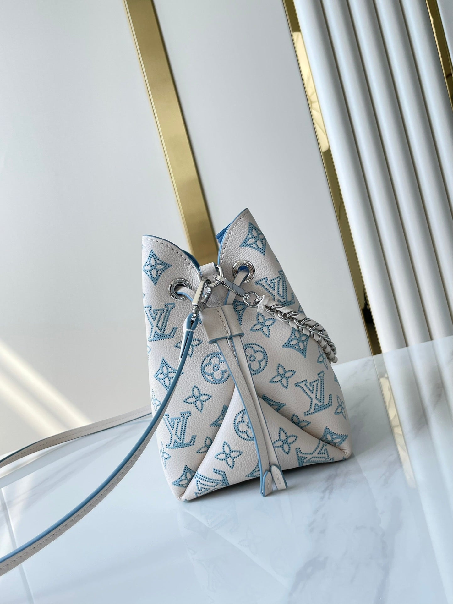 BELLA 22 IN WHITE PERFORATED CALFSKIN SILVER HARDWARE