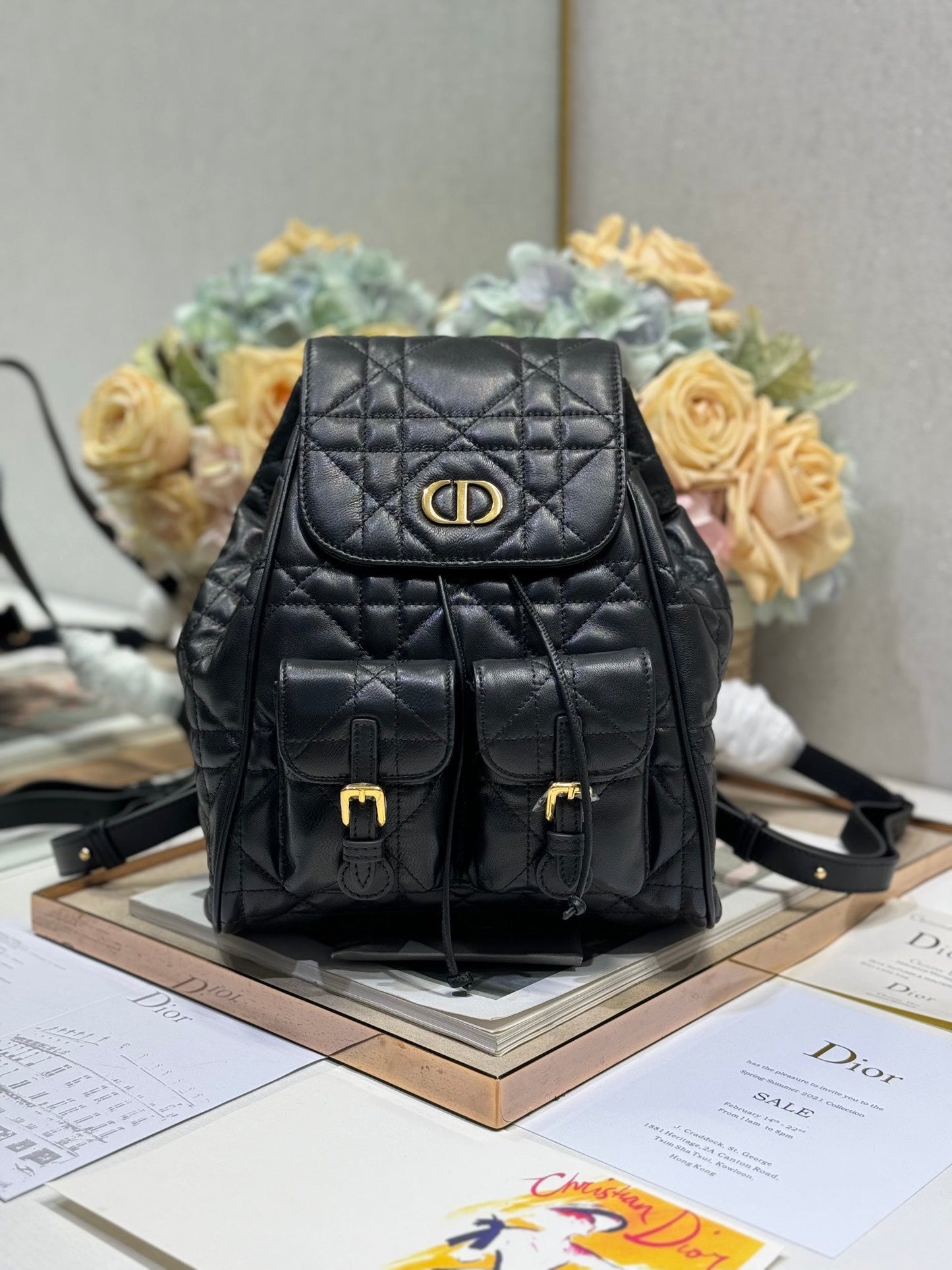 MEDIUM CARO BACKPACK 27 IN BLACK MACROCANNAGE LAMBSKIN