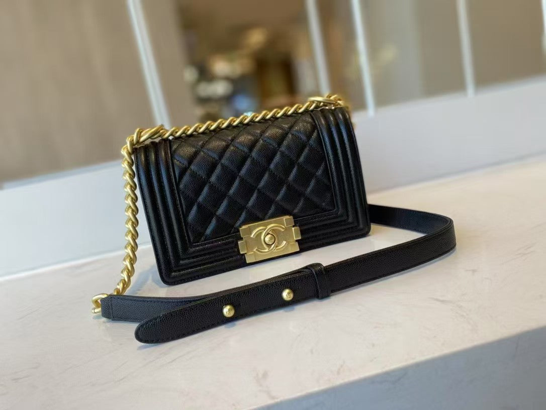 Leboy Black Vintage Gold Buckle Medium Bag