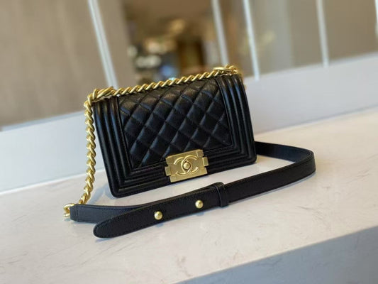 Leboy Black Vintage Gold Buckle Medium Bag