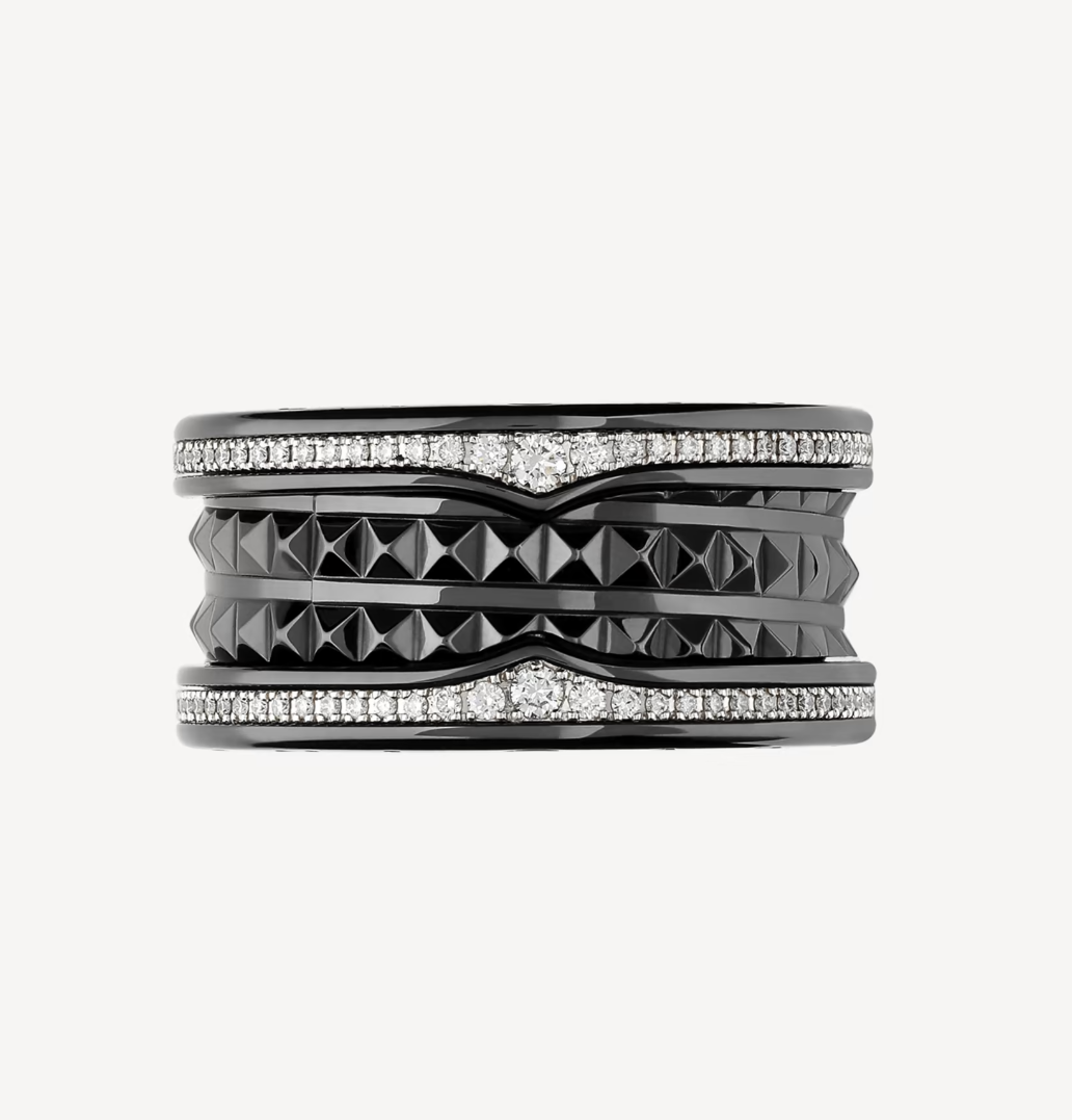[AURORA]ZERO 1 ROCK FOUR-BAND BLACK CERAMIC WITH STUDDED SPIRAL AND PAVED DIAMONDS RING