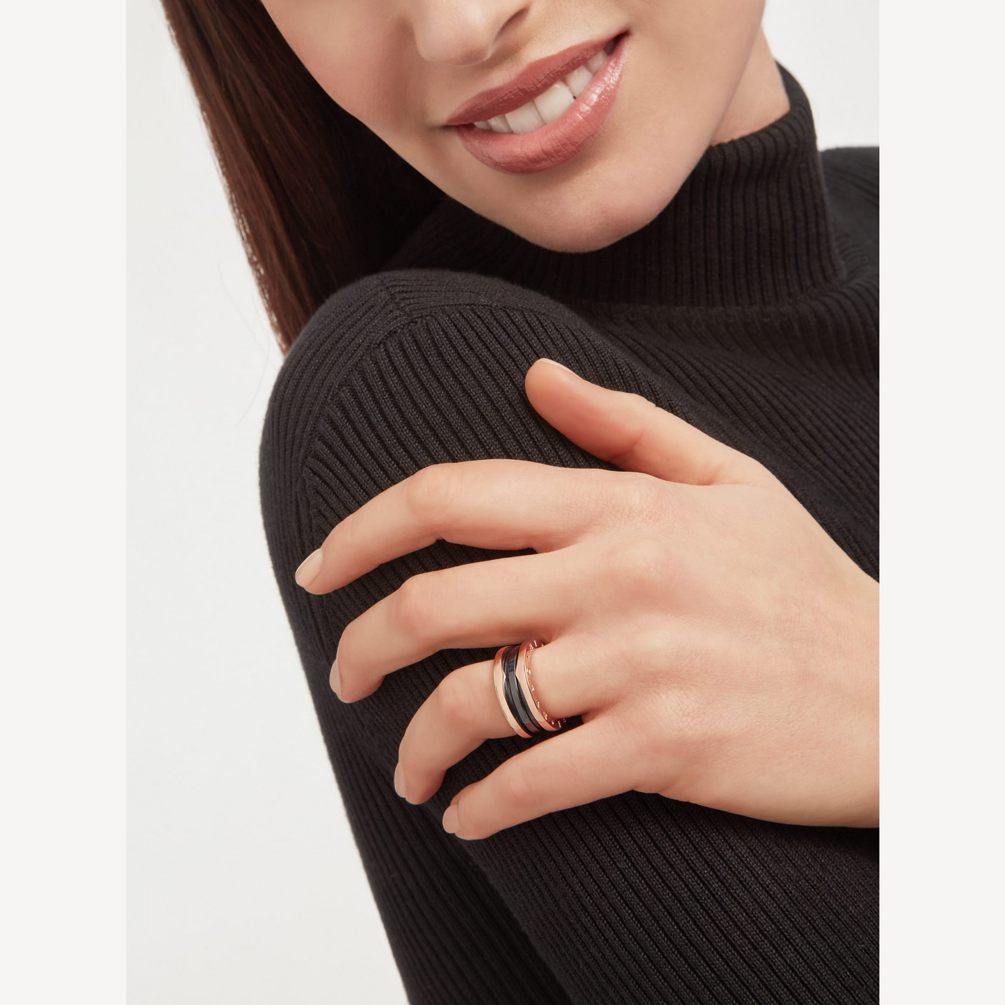 [AURORA]ZERO 1 TWO-BAND LOOPS AND BLACK CERAMIC PINK GOLD RING