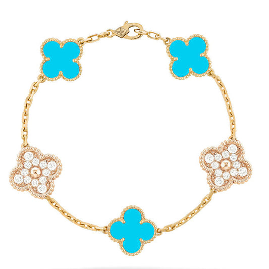 [AURORA]CLOVER 5 MOTIF TURQUOISE DIAMOND GOLD BRACELET