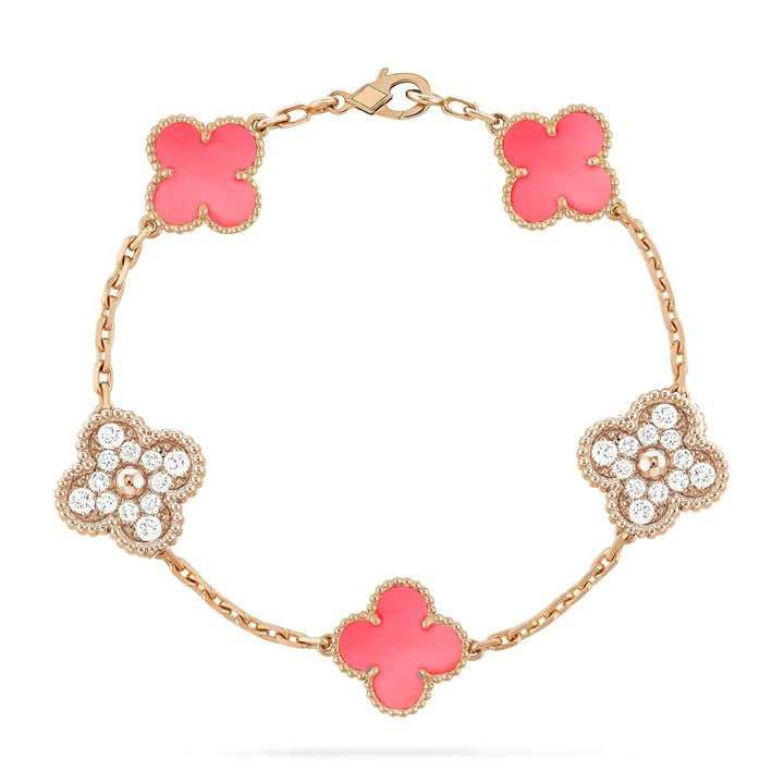 [AURORA]CLOVER 5 MOTIF DIAMOND PINK MOP PINK GOLD BRACELET