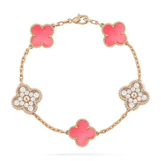 [AURORA]CLOVER 5 MOTIF DIAMOND PINK MOP PINK GOLD BRACELET