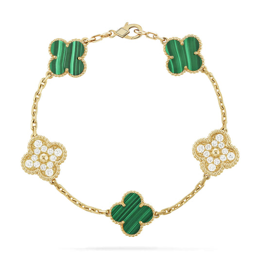 [AURORA]CLOVER  5 MOTIF MALACHITE DIAMOND BRACELET