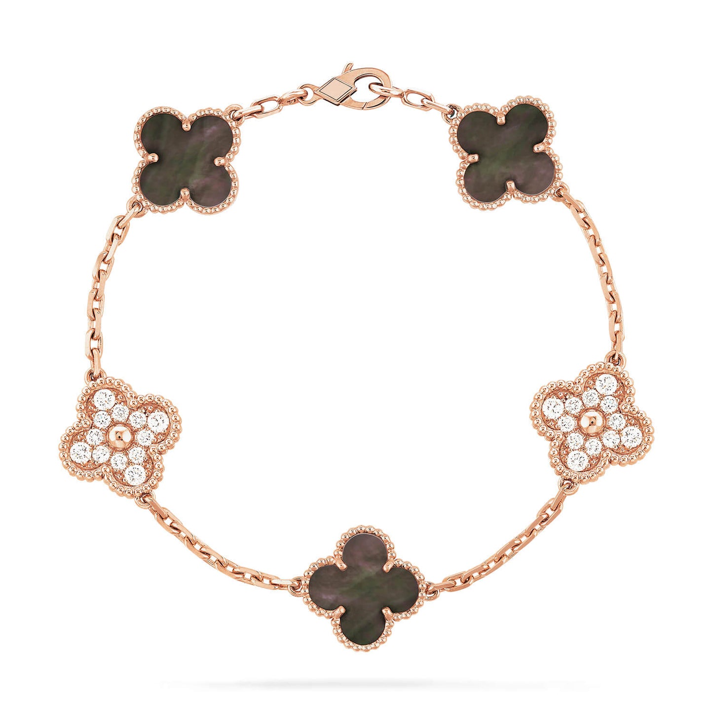 [AURORA]CLOVER 5 MOTIFS DARK MOP AND DIAMONDS PINK GOLD BRACELET