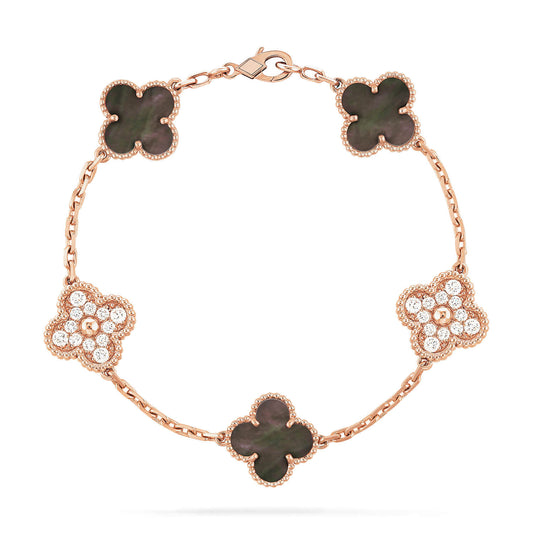[AURORA]CLOVER 5 MOTIFS DARK MOP AND DIAMONDS PINK GOLD BRACELET